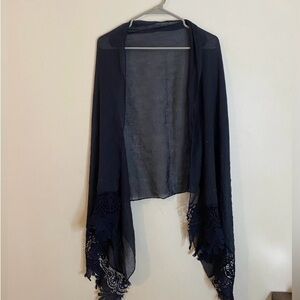 Sheer bejeweled  Elegant Navy Blue Lace Crochet Trim Scarf
